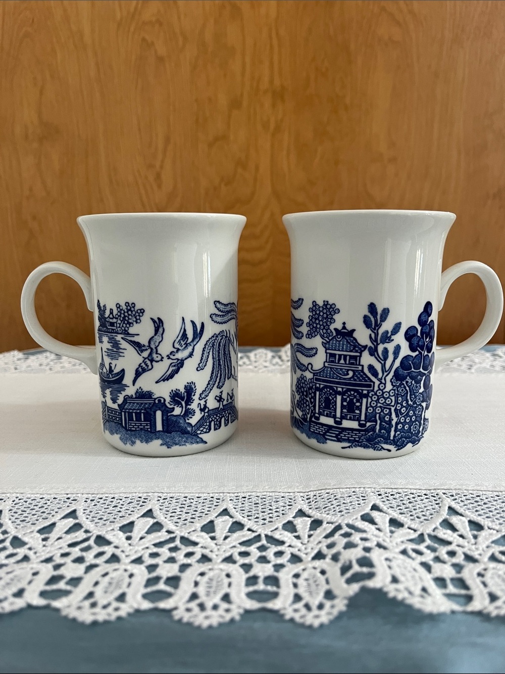 Vintage Churchill Blue Willow Mugs - Pair (2) Made In England Impressed Mark